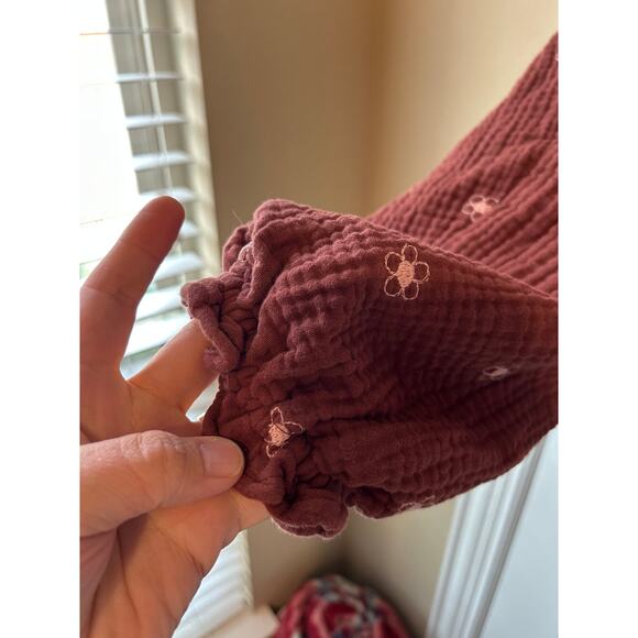 Madewell Brown and Light Pink with Embroidery, Wrap Top, Slub Cotton - Picture 6 of 9